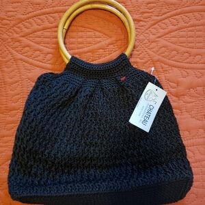 Chateau Black Crochet Tote with Bamboo Handles